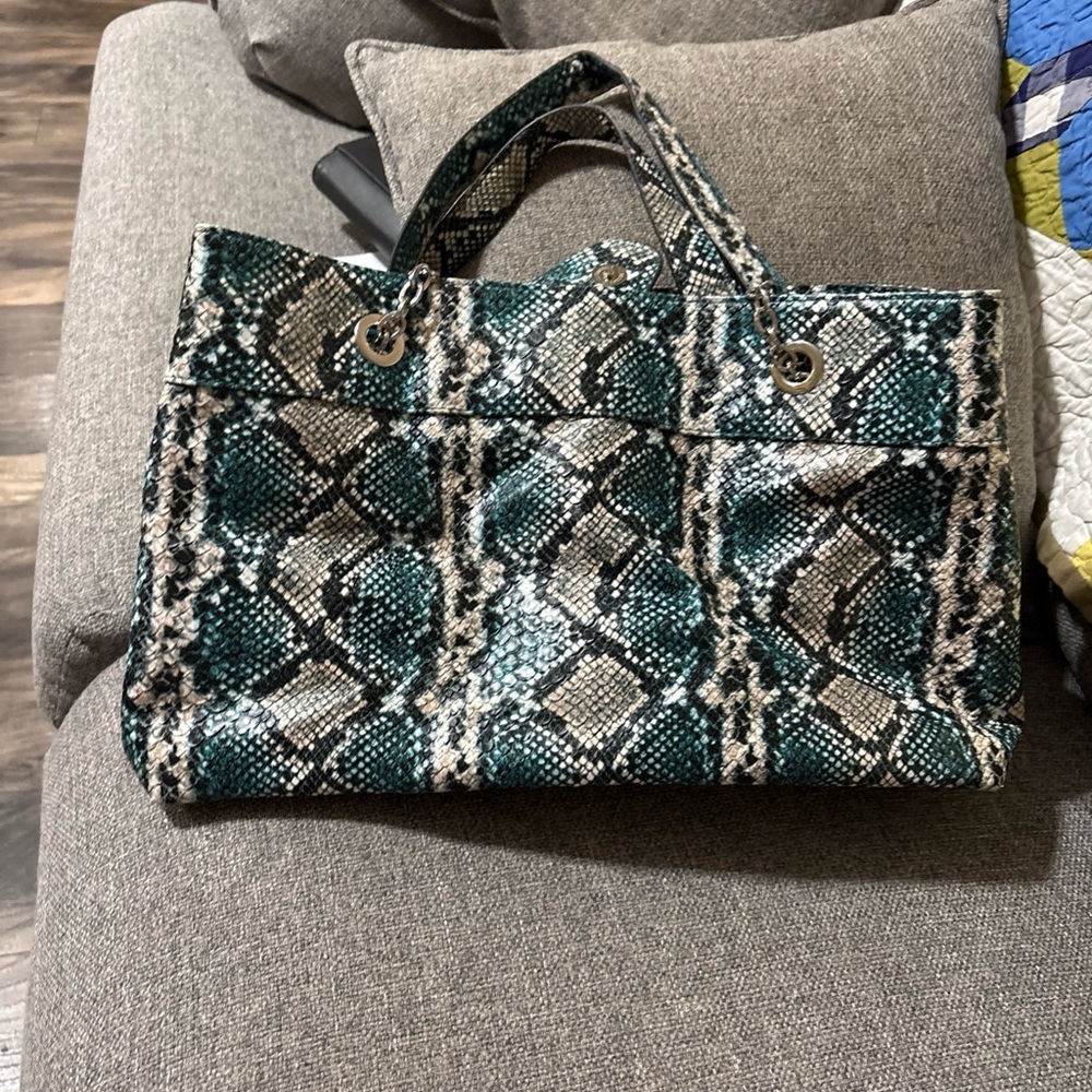 Source Unknown Teal and Cream Snake-Print Tote